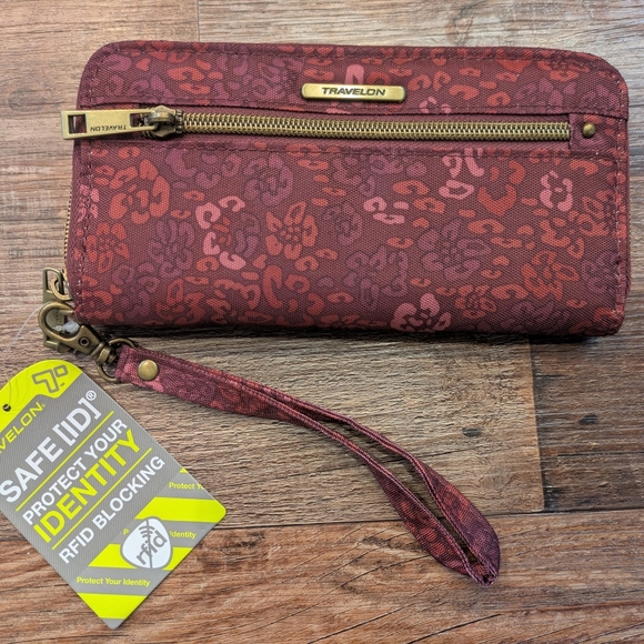 Travelon Handbags - NWT Travelon Wallet Wristlet Purse Safe ID RFID Blocking  Burgundy Floral